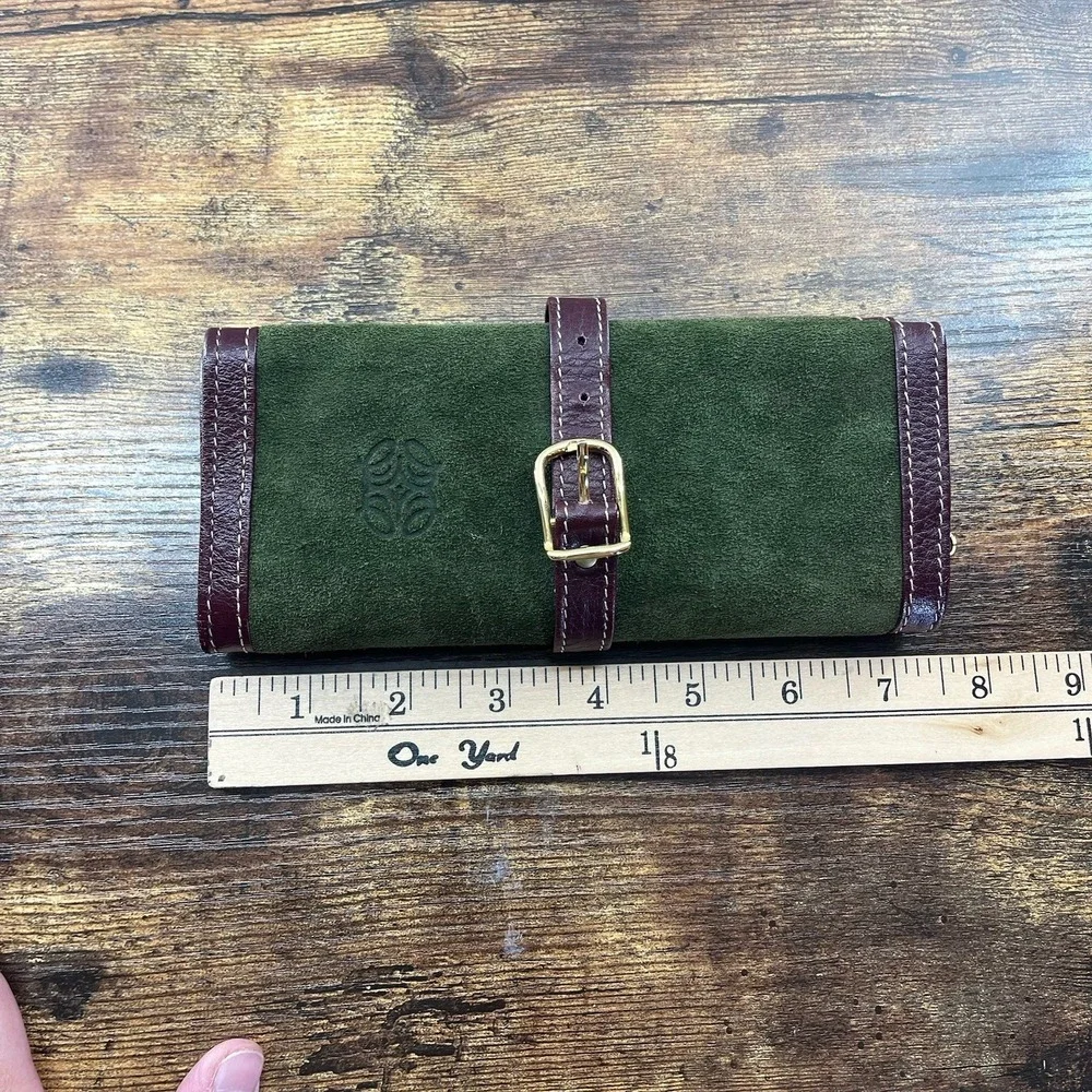 Vintage Green Suede Brown Leather Travel Jewelry Roll Case Old Money Timeless